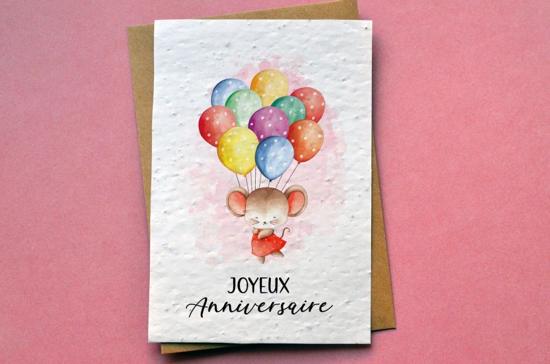 Carte à planter Anniversaire souris rose