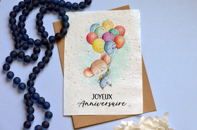 Carte à planter Anniversaire souris bleu