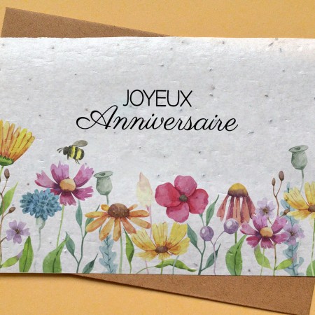 Carte à planter Joyeux Anniversaire Fleurs et abeille