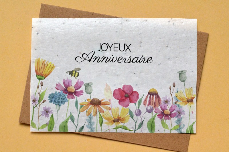 🌱Carte à planter Joyeux Anniversaire Fleurs et abeille - Carte à Pousser