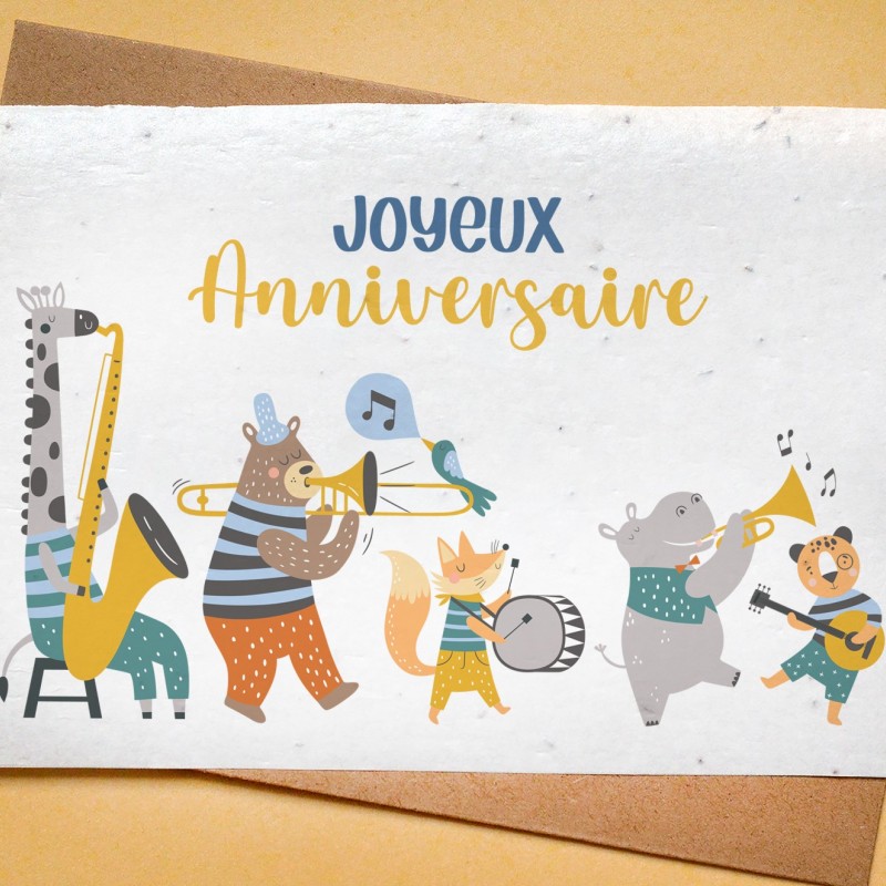 🌱Carte à planter Anniversaire Musique et Animaux - Carte à Pousser