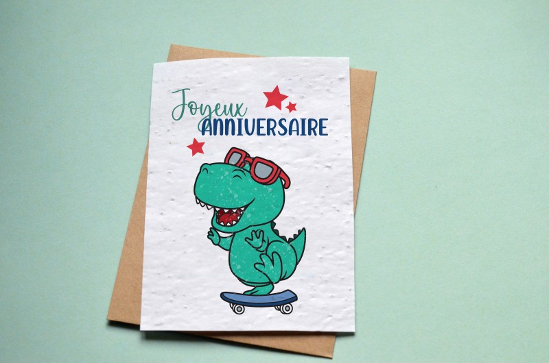 Carte à planter Anniversaire Dinosaure Skateboard