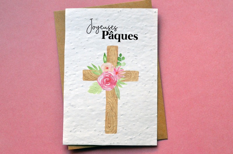 Carte à planter Joyeuses Pâques - Croix en bois