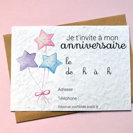 Carte à planter Invitation Anniversaire Ballons étoiles