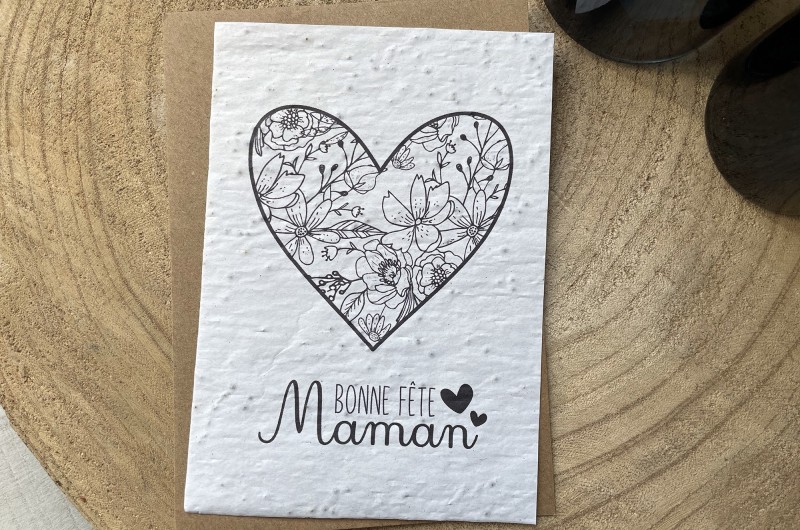 Carte à planter Bonne Fête Maman Coeur Noir et Blanc