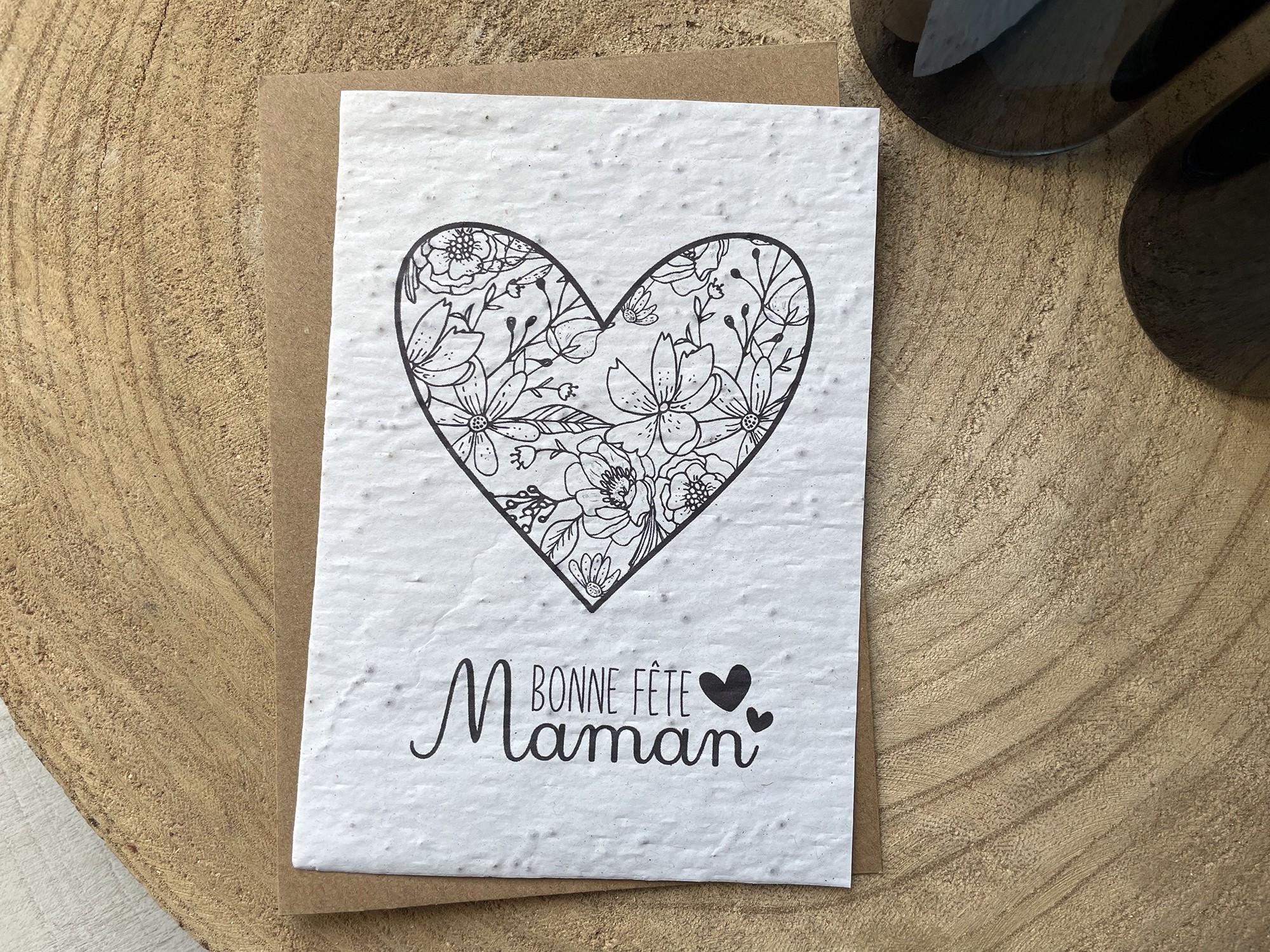 🌱Carte à planter Bonne Fête Maman Coeur Noir et Blanc - Carte à Pousser