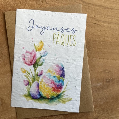 Carte à planter Joyeuses Pâques - Oeufs et tulipe