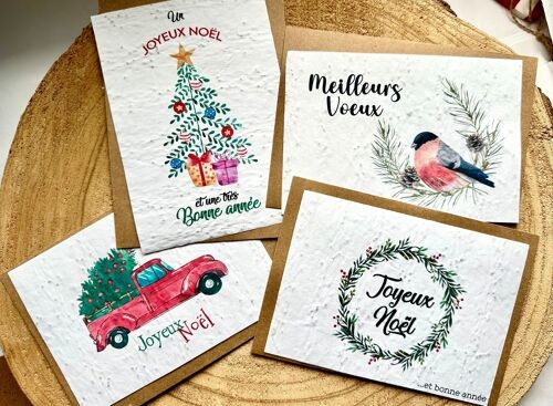 2 cartes de vœux Joyeux Noël & bonne année oiseaux rouge-gorges avec