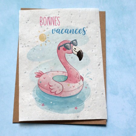 Carte à planter Bonnes Vacances Flamant Rose bouée