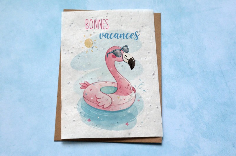 Carte à planter Bonnes Vacances Flamant Rose bouée