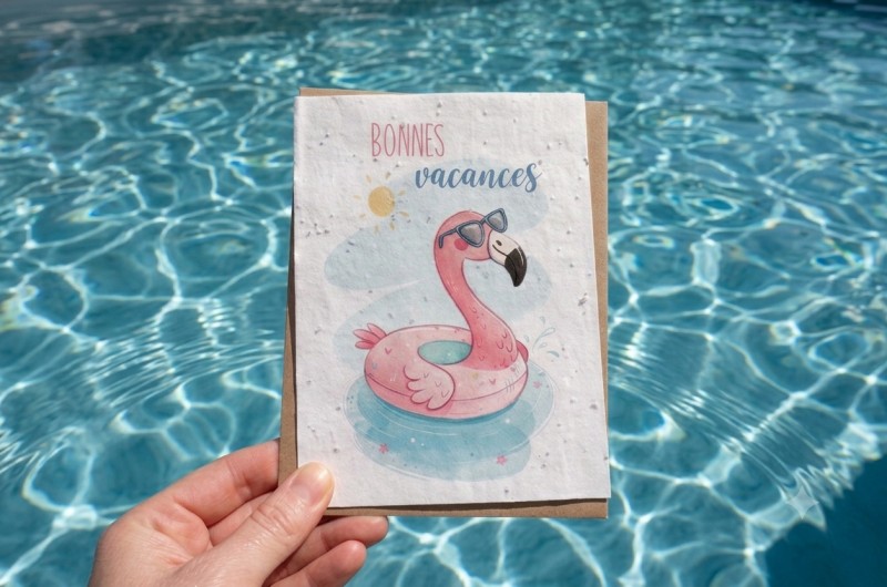 Carte à planter Bonnes Vacances Flamant Rose bouée