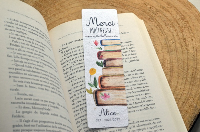 Marque-page &agrave; planter personnalis&eacute; Merci Ma&icirc;tresse - Livres