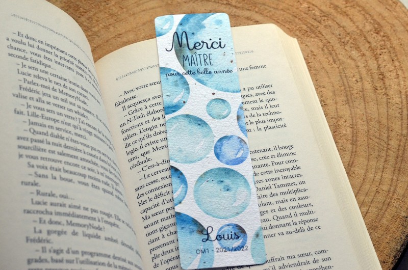 Marque-page &agrave; planter personnalis&eacute; Merci Maitre - Bulles bleues