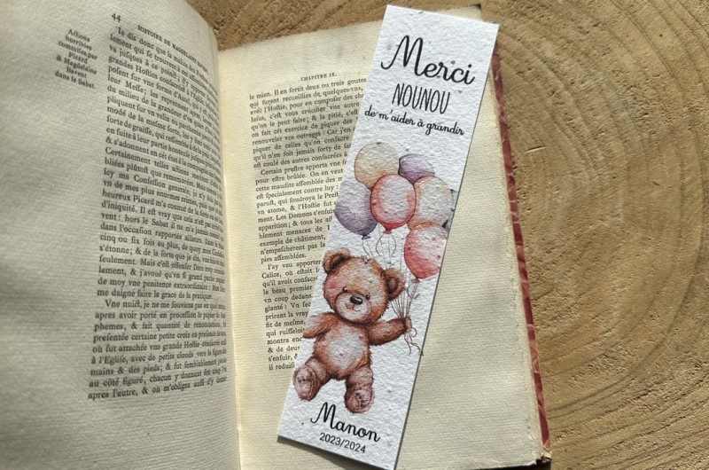 Marque-page &agrave; planter personnalis&eacute; Merci Nounou - Ours
